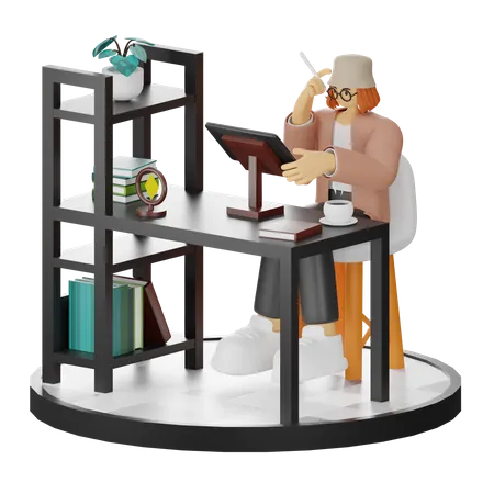 Creative Woman With Computer In Clean Workspace Seeking Inspiration  3D Illustration