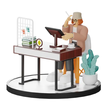 Creative Woman With Computer In Clean Workspace Seeking Inspiration  3D Illustration