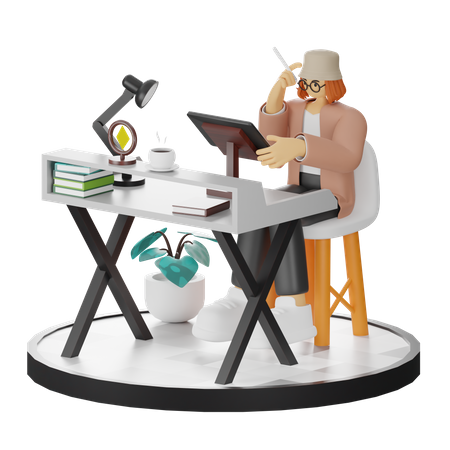 Creative Woman With Computer In Clean Workspace Seeking Inspiration  3D Illustration