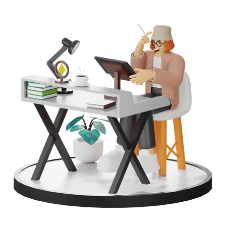 Creative Woman With Computer In Clean Workspace Seeking Inspiration  3D Illustration