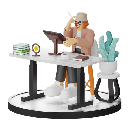 Creative Woman With Computer In Clean Workspace Seeking Inspiration  3D Illustration