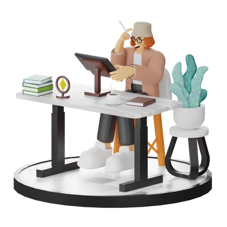 Creative Woman With Computer In Clean Workspace Seeking Inspiration  3D Illustration