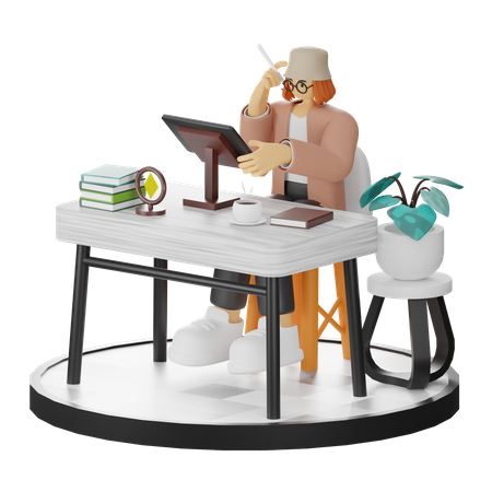 Creative Woman With Computer In Clean Workspace Seeking Inspiration  3D Illustration