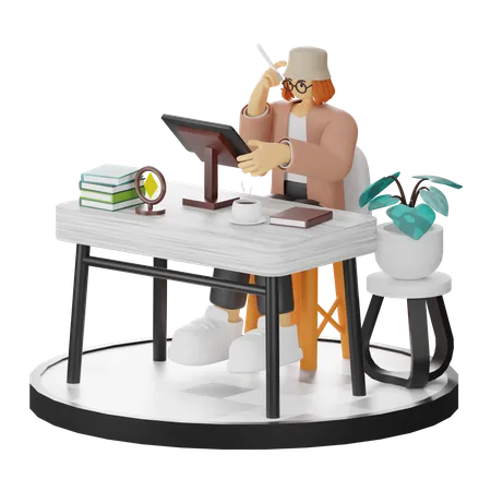 Creative Woman With Computer In Clean Workspace Seeking Inspiration  3D Illustration