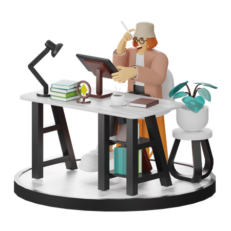 Creative Woman With Computer In Clean Workspace Seeking Inspiration  3D Illustration