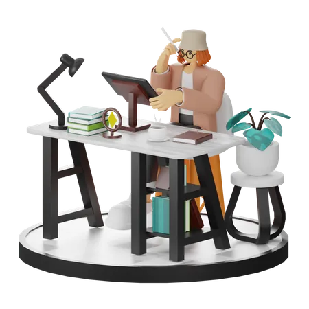 Creative Woman With Computer In Clean Workspace Seeking Inspiration  3D Illustration