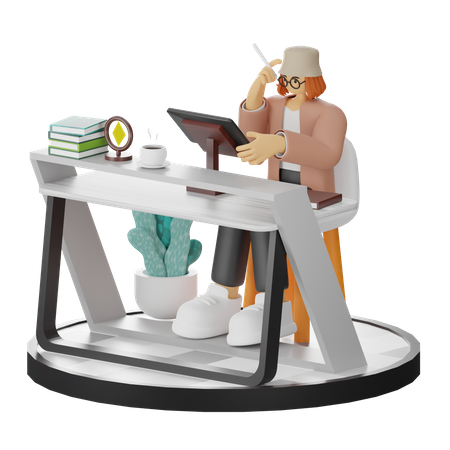 Creative Woman With Computer In Clean Workspace Seeking Inspiration  3D Illustration