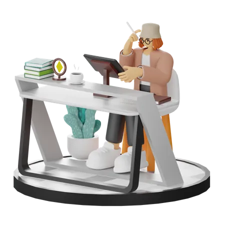 Creative Woman With Computer In Clean Workspace Seeking Inspiration  3D Illustration