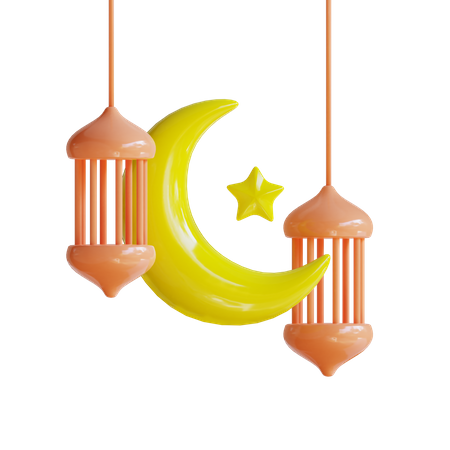 Crescent moon and lantern  3D Illustration