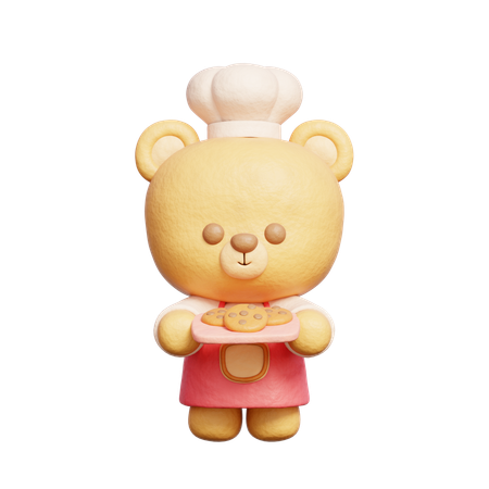 Cute Bear Wears Chef Uniform Holding Cookies  3D Icon