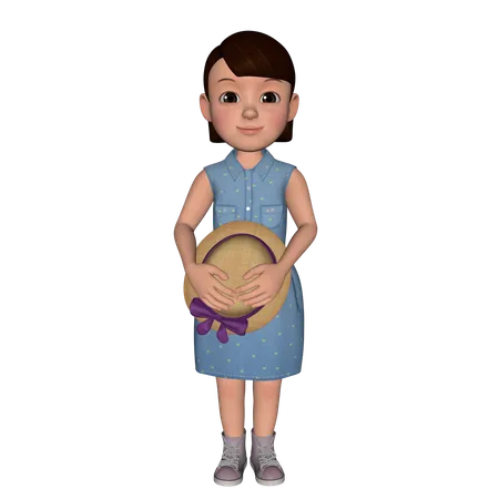 Cute Girl Standing With Hat  3D Icon