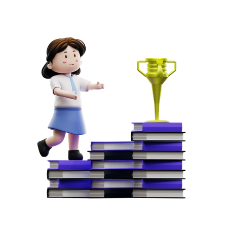 Cute girl student climbing book ladder with trophy  3D Illustration