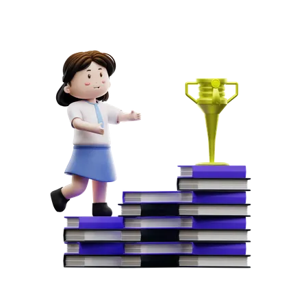 Cute girl student climbing book ladder with trophy  3D Illustration