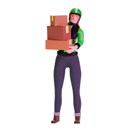 Delivery girl in uniform carrying boxes  3D Illustration