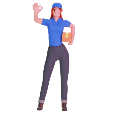 Delivery girl in uniform with ok hand gesture  3D Illustration