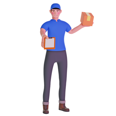 Delivery man giving bringing a package and holding out a clipboard  3D Illustration