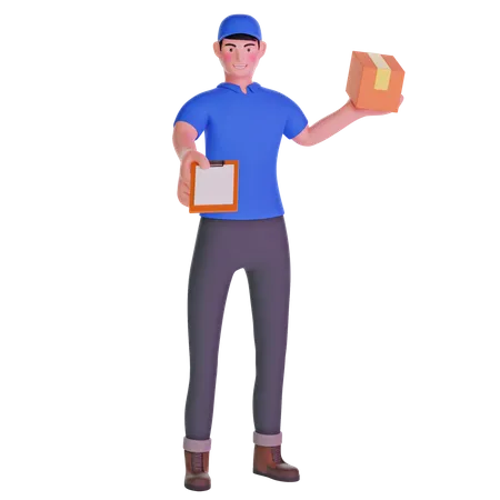 Delivery man giving bringing a package and holding out a clipboard  3D Illustration