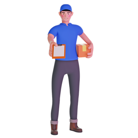 Delivery man giving bringing a package and holding out a clipboard  3D Illustration