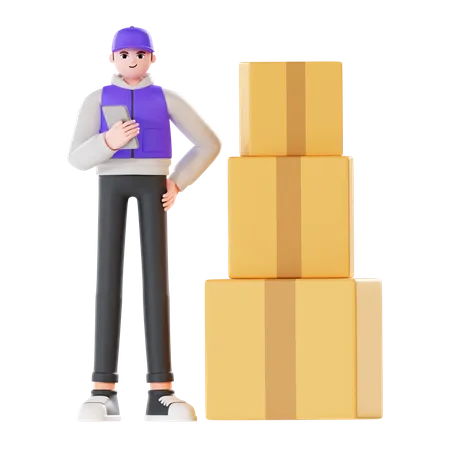 Delivery man holding delivery list and parcel  3D Illustration