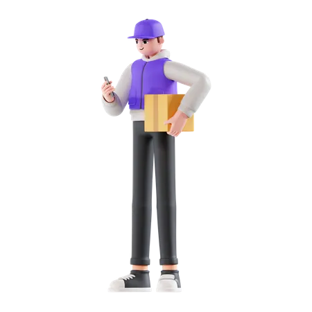 Delivery Man holding shipping box  3D Illustration