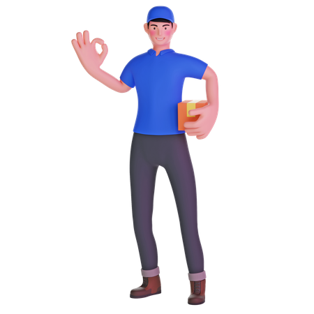 Delivery Man Making OK Sign and holding package  3D Illustration