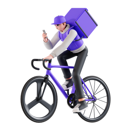 Delivery man riding bike while checking location  3D Illustration