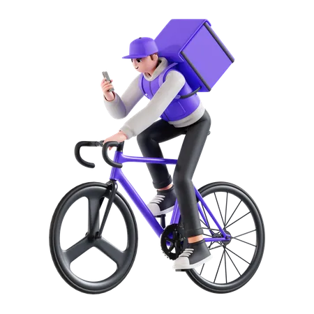 Delivery man riding bike while checking location  3D Illustration