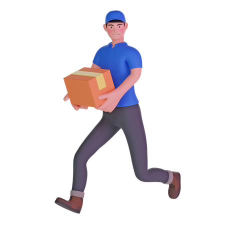 Delivery man running fast holding cardboard package  3D Illustration