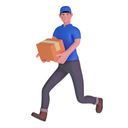 Delivery man running fast holding cardboard package  3D Illustration