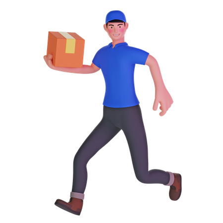 Delivery man running fast holding cardboard package  3D Illustration