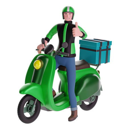 Delivery man Thumbs up while riding motorcycle with delivery box  3D Illustration