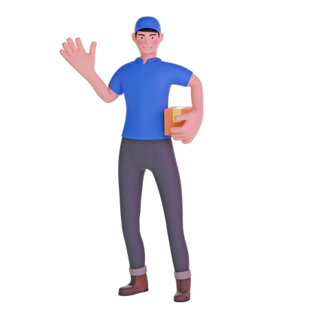 Delivery man waving while carrying package  3D Illustration