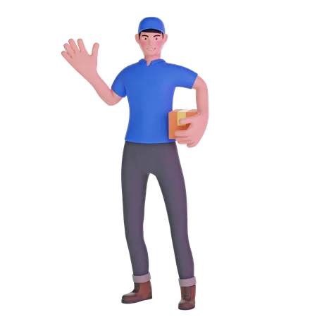 Delivery man waving while carrying package  3D Illustration