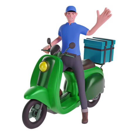 Delivery man waving while riding motorcycle with delivery box  3D Illustration