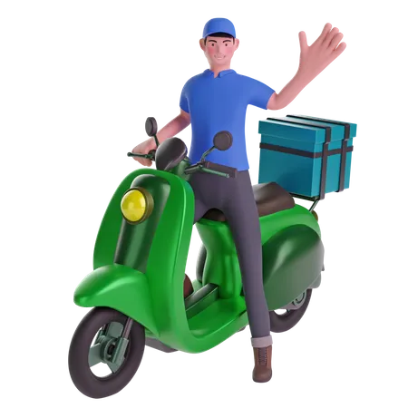 Delivery man waving while riding motorcycle with delivery box  3D Illustration