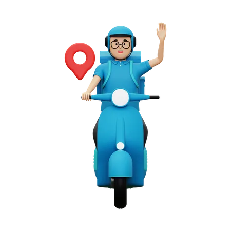 Delivery person waiving hand while riding scooter  3D Illustration