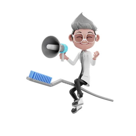 Dentist doctor seating on toothbrush to doing announcement  3D Illustration