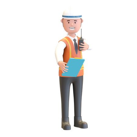 Directeur de la construction tenant une note et un talkie-walkie  3D Illustration