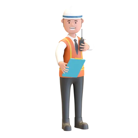 Directeur de la construction tenant une note et un talkie-walkie  3D Illustration