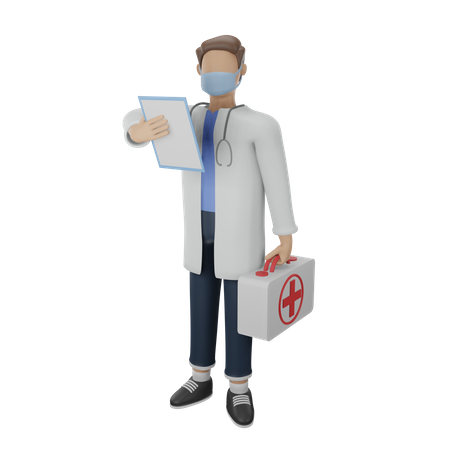 Doctor in white uniform holding patient records and medical bag  3D Illustration