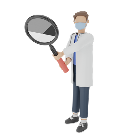 Doctor is detecting virus with a magnifying glass  3D Illustration