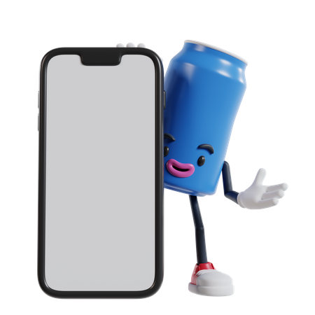 El personaje de lata de refresco aparece detrás de un teléfono grande  3D Illustration