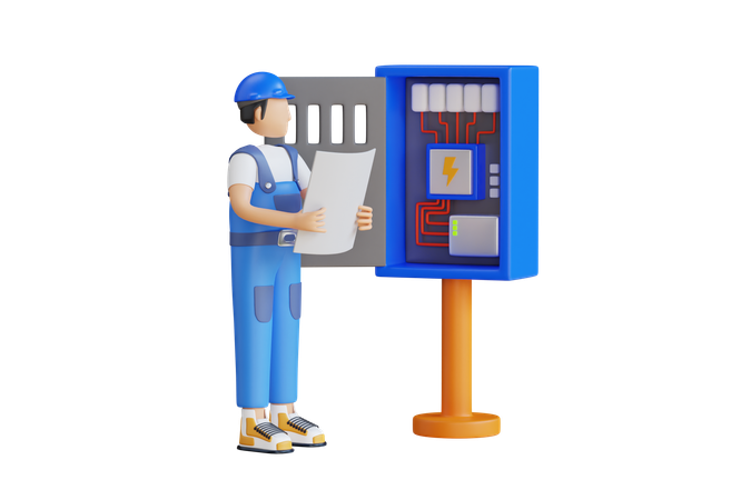 Electrician Engineer Checking Circuit Box  3D Illustration