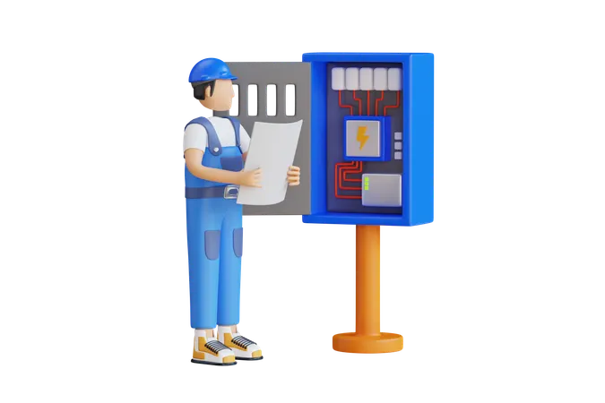 Electrician Engineer Checking Circuit Box  3D Illustration