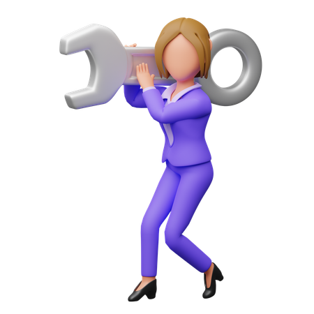 Mujer de negocios llevando una llave inglesa  3D Illustration