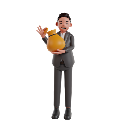 Empresario sosteniendo bolsa de dinero  3D Illustration