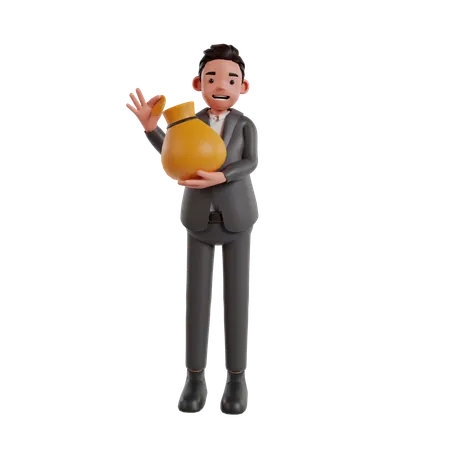 Empresario sosteniendo bolsa de dinero  3D Illustration