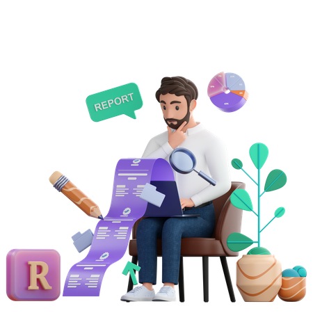 Empresário verificando o relatório financeiro  3D Illustration