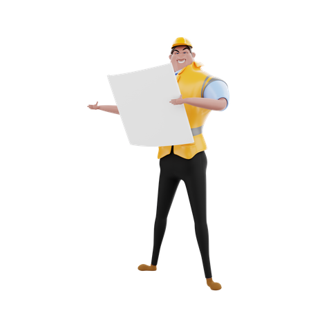 Engineer holding blueprint  3D Illustration