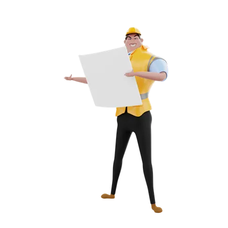 Engineer holding blueprint  3D Illustration